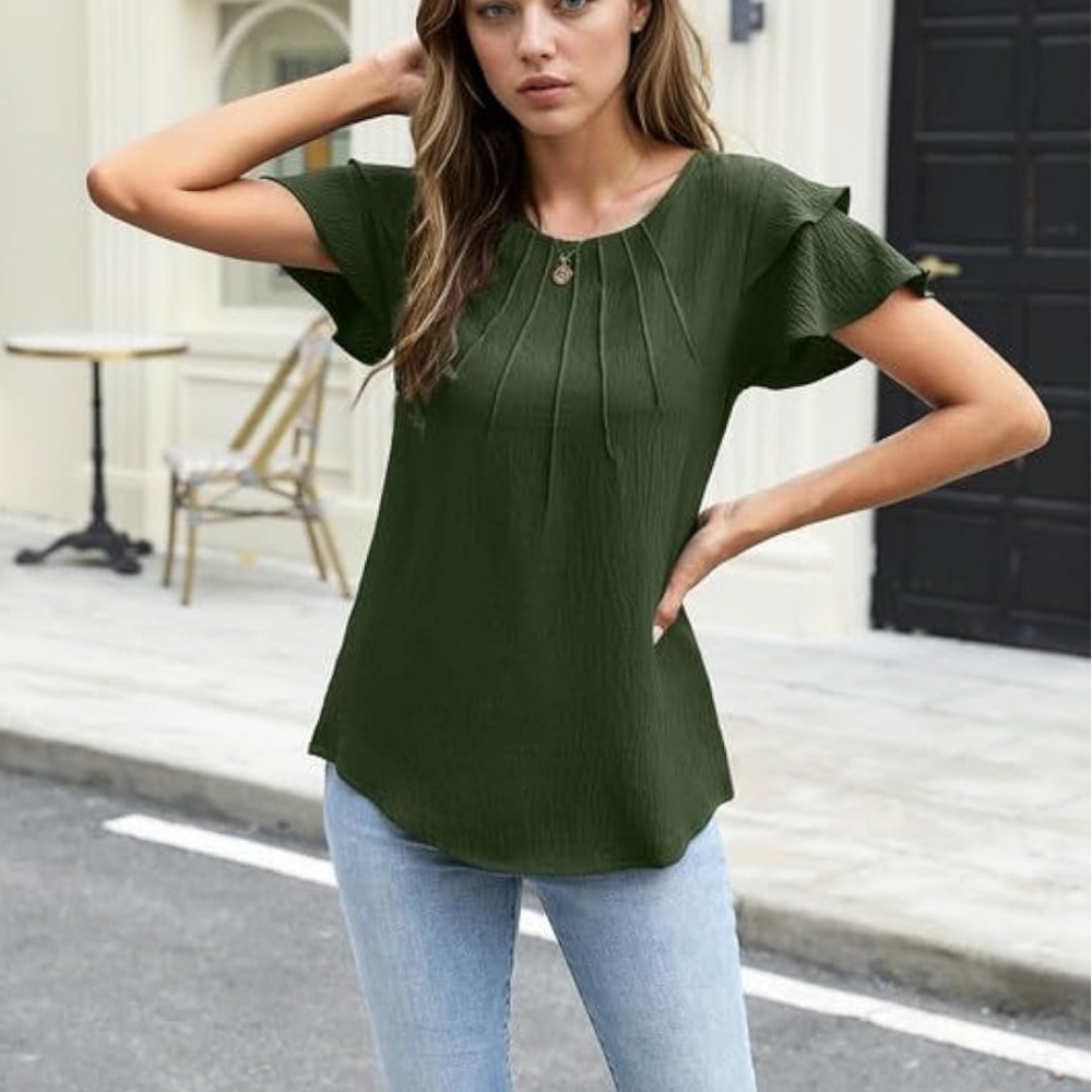 Elegant Black and Green Ruffle Sleeve Tops - Picture 7 of 11